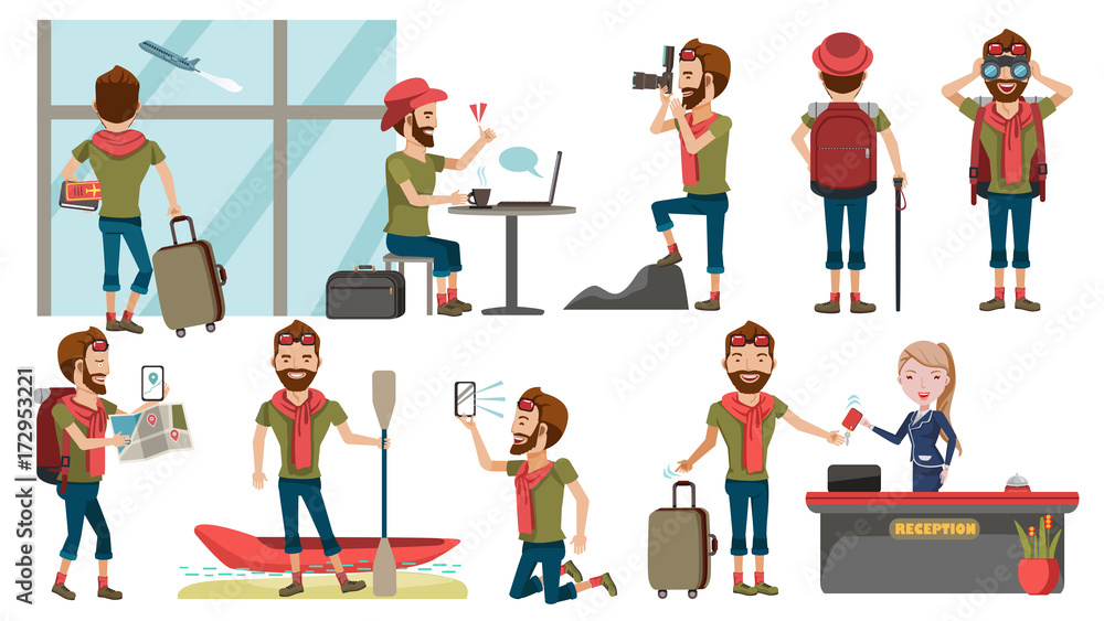 Man Traveller Male tourist Various gestures set. standing with suitcase.  man is watching the flight and  through window in airport. kayaking on a lake.backpack Rear view. Vector illustration.