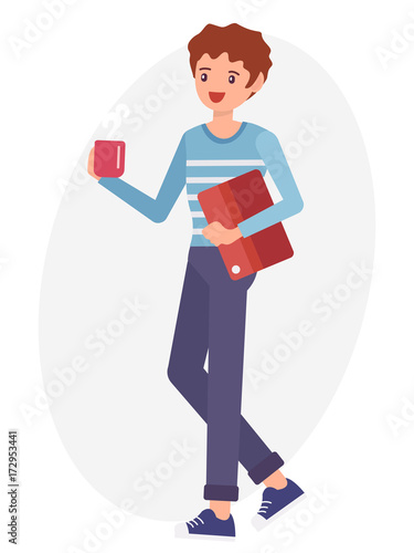 Cartoon character design male man hold coffee cup document file