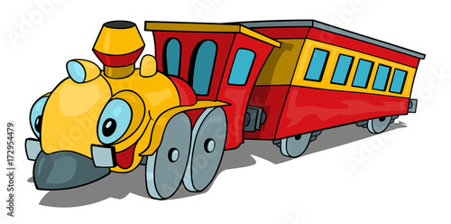 Cartoon Train wit Smiling Locomotive and Railway Carriage - Illustration, Vector