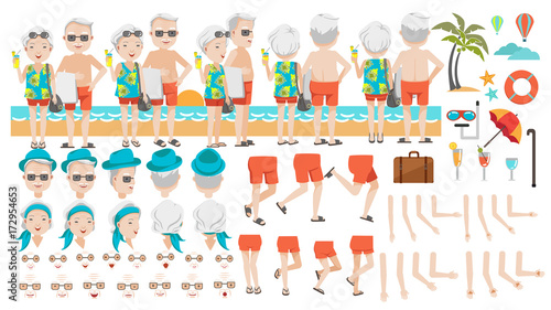 Retirement Travel Happy senior wearing on beach.tourists creation set.animated character.Icons with different types,faces,hair style,emotions,front,rear,side view. Moving arms,legs