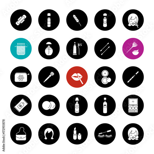 Cosmetics accessories glyph icons set