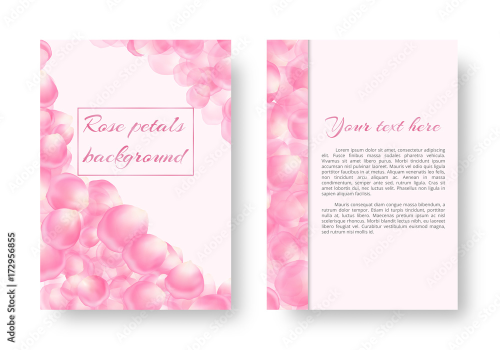 A leaflet template with falling rose petals and a place for text. Vector backdrop with floral elements.

