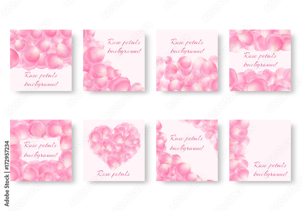 Set of backgrounds with soaring rose petals and place for text for romantic congratulations. Vector illustration with a floral pattern.
