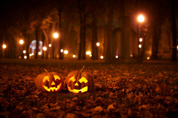 Two Kind Halloween Pumpkins in the park