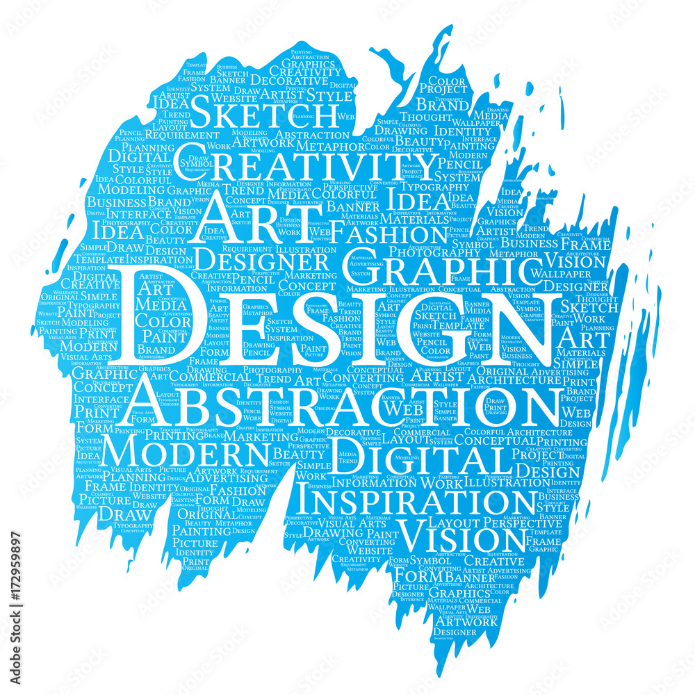 Vector conceptual creativity art graphic identity design visual paint brush word cloud isolated background. Collage of advertising, decorative, fashion, inspiration, vision, perspective modeling