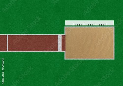 Track long jump, arena, run track, green ground, isolated. Top view