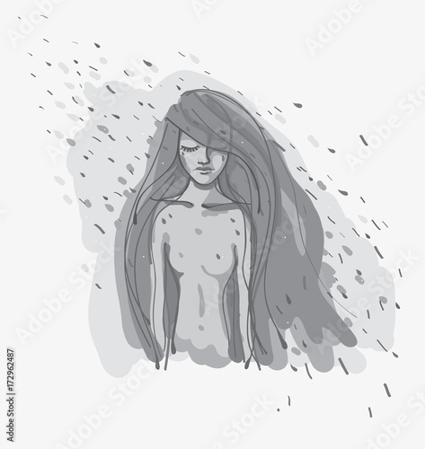 Autumn mood / Illustration of young sad woman in the rain