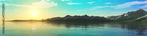 Photography panorama of the sea sunset, the sun above the ocean, the mountains above the wat