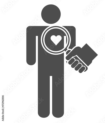 Heart inspection icon concept. Hand holding magnifying glass over a stick man or figure