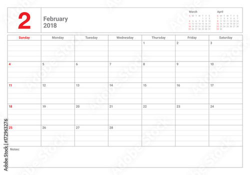 February 2018 calendar planner vector illustration