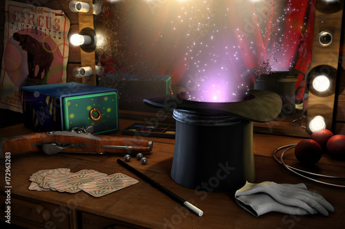 3D-illustration of Old circus magician’s tools
