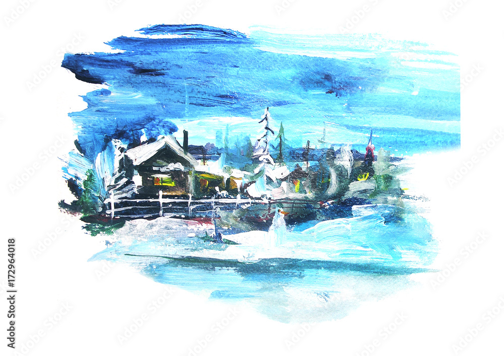 Watercolor landscape. Country house in the winter. Winter landscape, snow, snowdrift, fence, snowman. Night, evening, hut. Painting, acrylic.