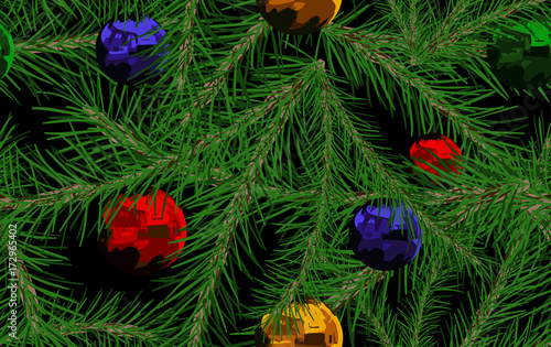 Seamless Christmas pattern with fir branches and shiny Christmas toys on a black background