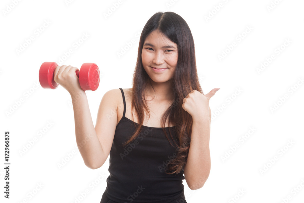 Healthy Asian woman thumbs up with dumbbells. Healthy Asian woman thumbs up with dumbbells.