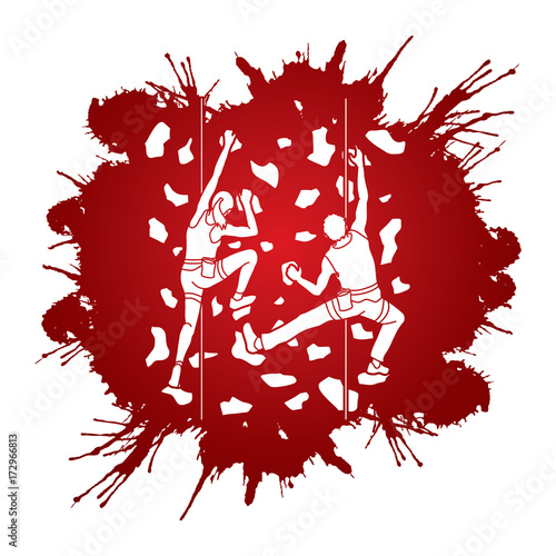 Man and woman climbing on the wall together, Hiking indoor designed on splatter ink graphic vector.