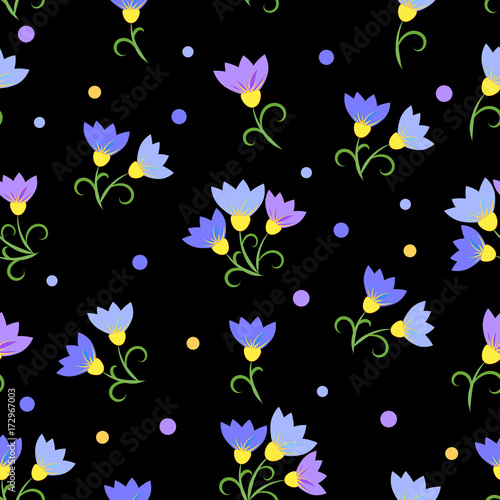  Seamless pattern blue flowers on a black background