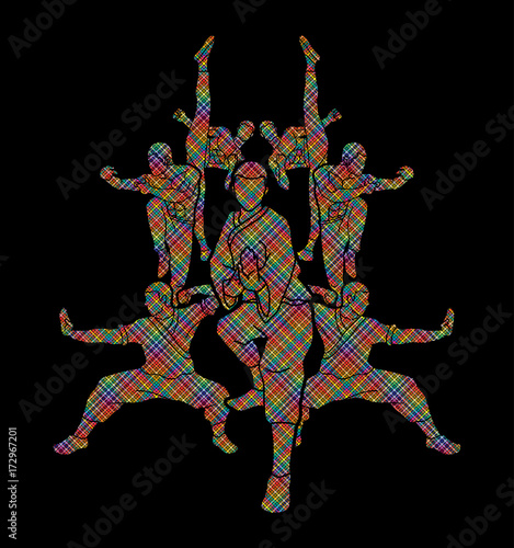 Kung fu action composition designed using colorful pixels graphic vector.