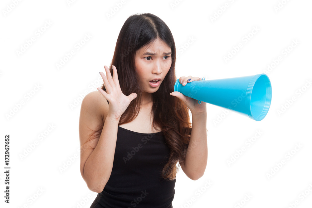 Beautiful young Asian woman announce with megaphone. Beautiful young Asian woman announce with megaphone.