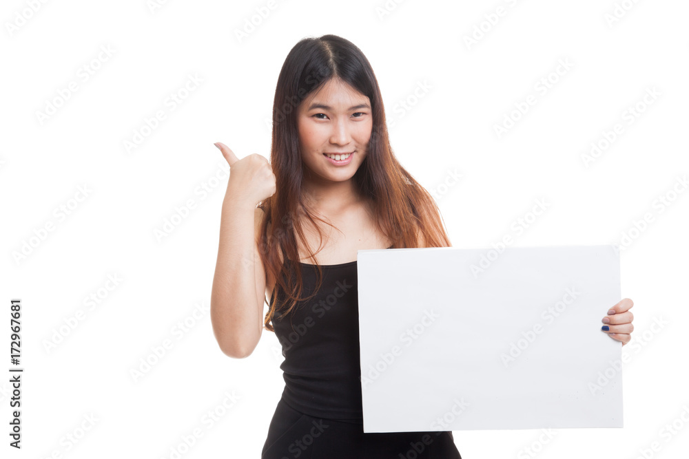 Young Asian woman show thumbs up with white blank sign. Young Asian woman show thumbs up with white blank sign.
