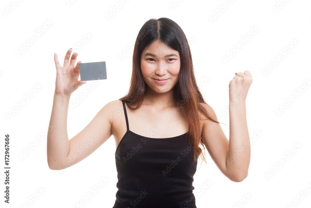 Young Asian woman fist pump with blank card. Young Asian woman fist pump with blank card.