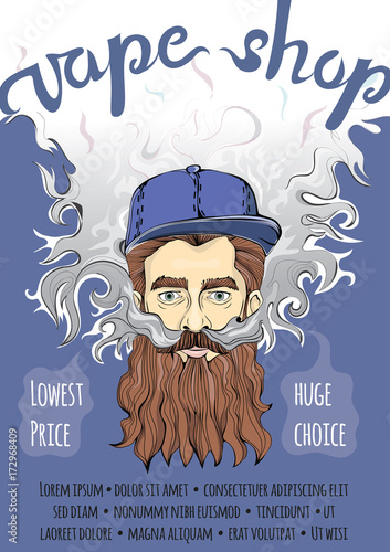Brutal bearded hipster man making vape cloud. Vaping or smoking. Vector template of advertising poster for vape shop.