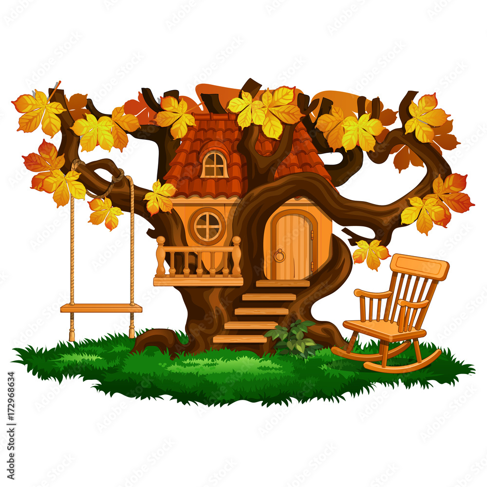 Fabulous tree house, swing and rocking chair, autumn season. Cartoon landscape scene. Vector illustration isolated on white background