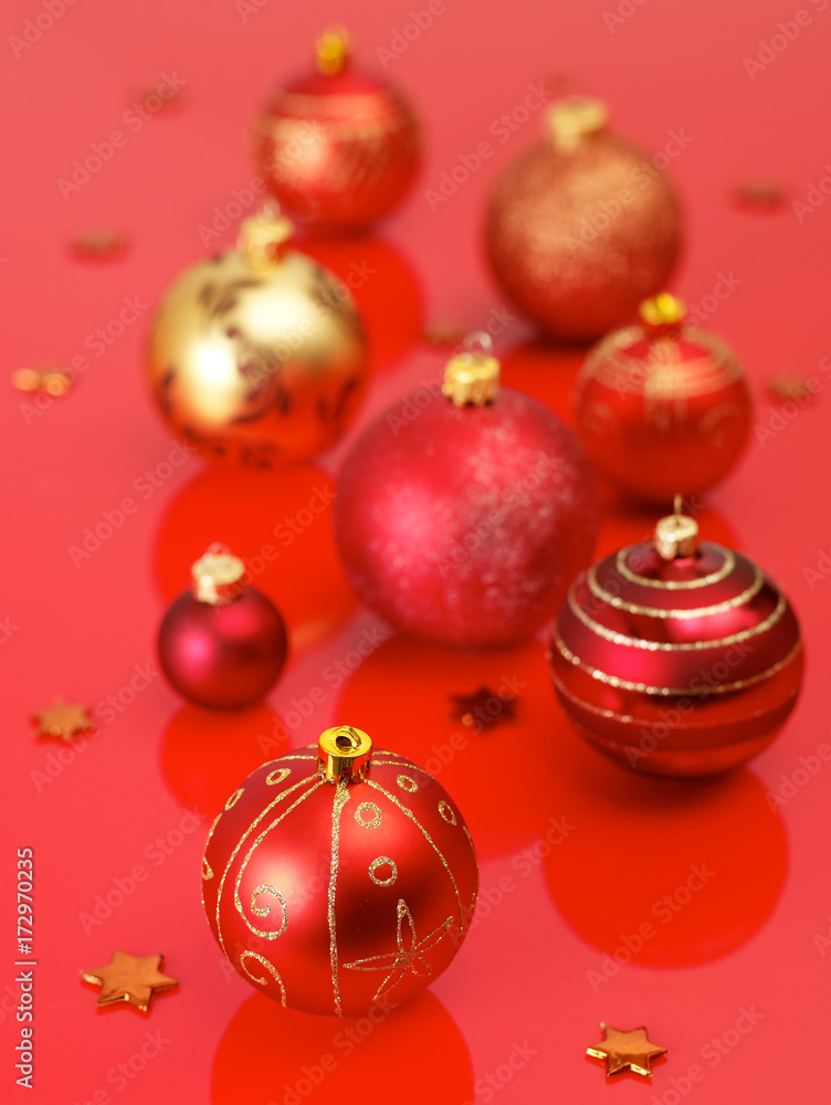 Christmas balls on red Christmas balls on red