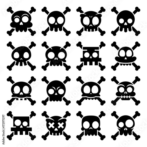 Halloween vector cartoon skull with bones icons, Mexican cute black sugar skulls design set, Dia de los Muertos
