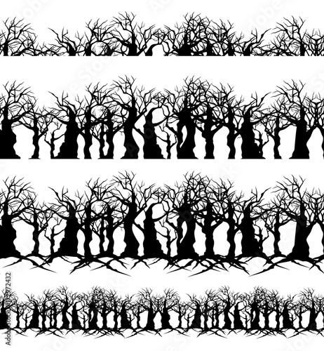 twisted bare trees and branches - creepy black silhouettes seamless vector border set