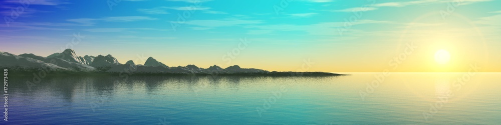 Obraz premium panorama of the sea sunset, the sun above the ocean, the mountains above the water, 3d rendering 