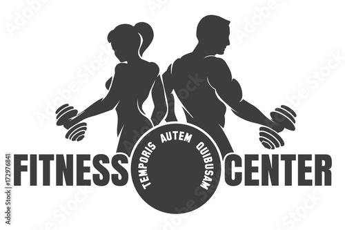 Fitness Center emblem with silhouettes of bodybuilders