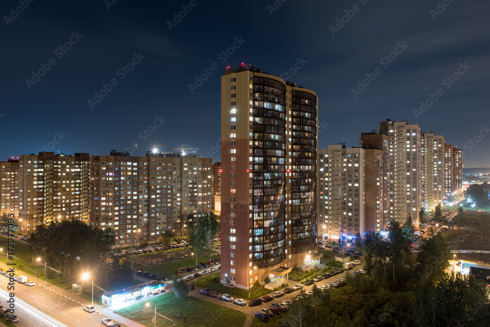 Fototapeta premium New residential area in Doldoprudny city at night, Moscow region