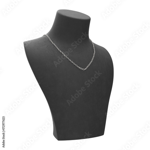 3D illustration isolated white gold or silver chain necklace on a black mannequin