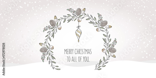 Hand drawn wreath with watercolor elements and christmas greetings