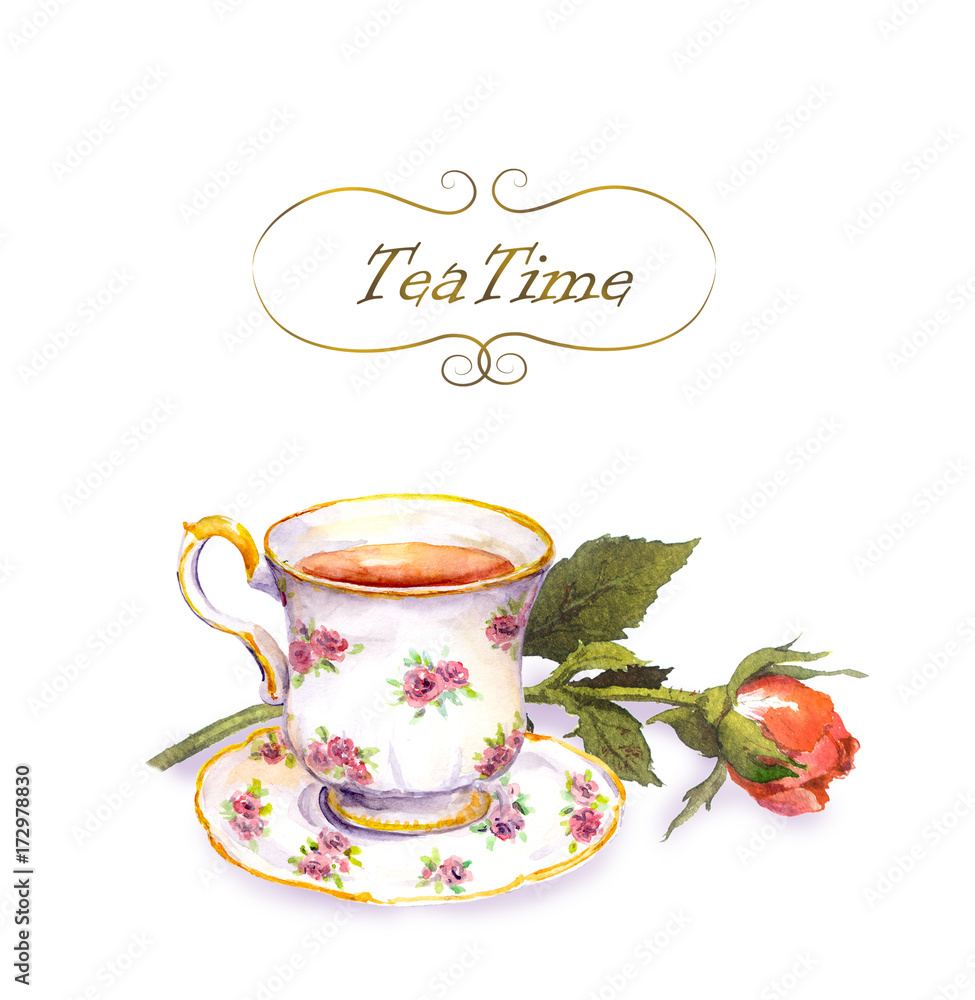 Tea Cup With Tea Rose Flower Water Color Card Stock Illustration Adobe Stock