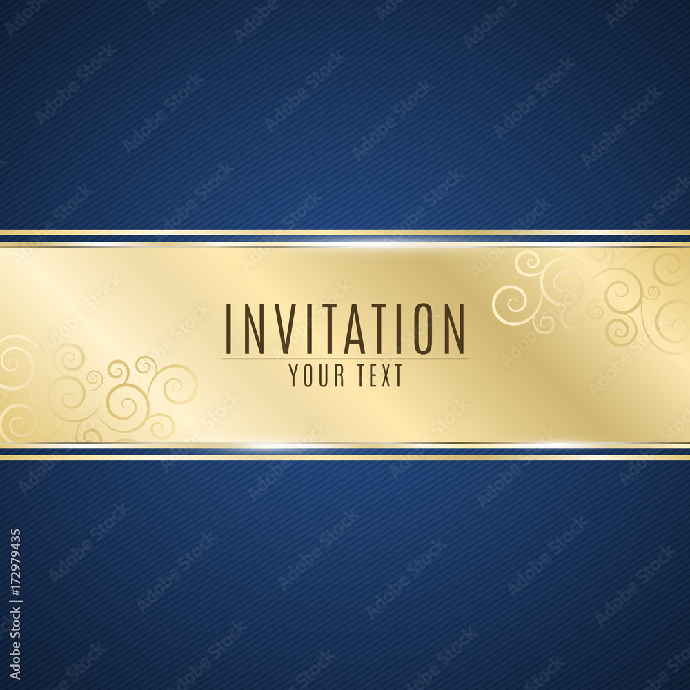 Luxurious invitation. Golden ribbon banner on a blue background with a ...