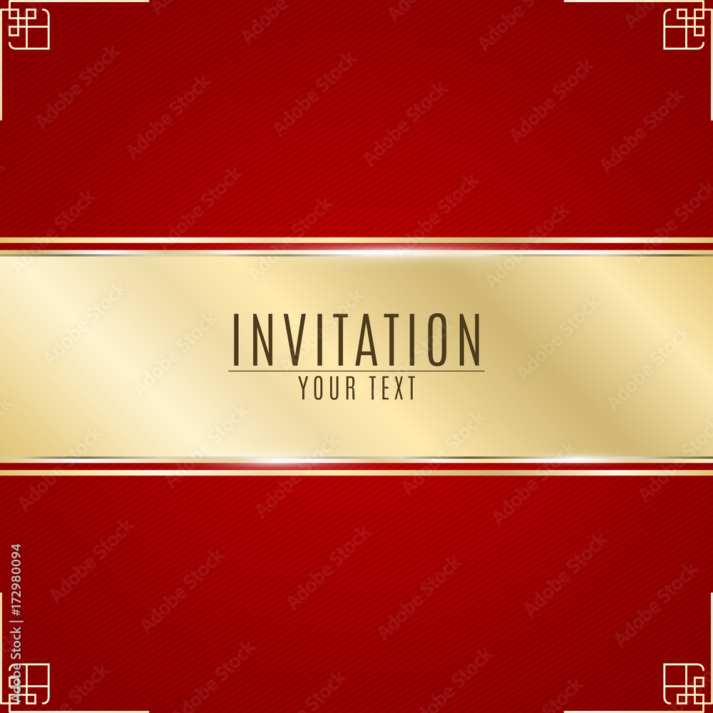 Obraz premium Luxurious invitation. Golden ribbon banner on a red background with a pattern of oblique lines. Golden frame. Realistic gold strip with an inscription. VIP invitation. Vector