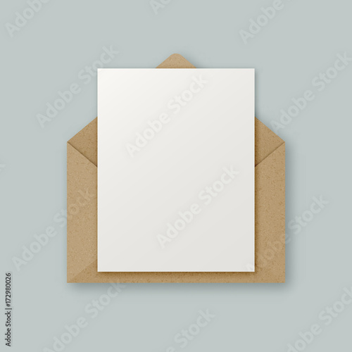 Stylish realistic brown kraft paper vector envelope with clean white letter paper sheet with copyspace for your design. Envelope email concept.