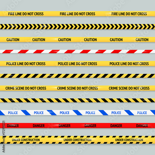 Barricade tape design element vector set. Police line, crime scene, caution, danger, under construction seamless tapes collection.