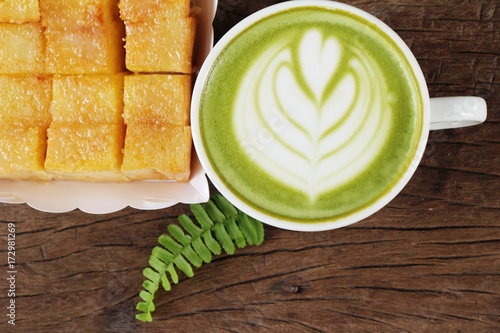 Hot green tea with matcha and toast