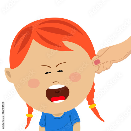 Mother's hand pulling the ear of her crying daughter