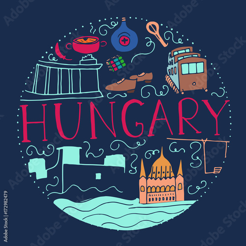 Photography Culture of Hungary. Hand drawn symbols of Hungary.