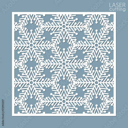 Laser cut square ornamental panel with snowflakes pattern. Template of Christmas invitation or New Year greeting card. Cabinet fretwork screen. Metal design, wood carving.