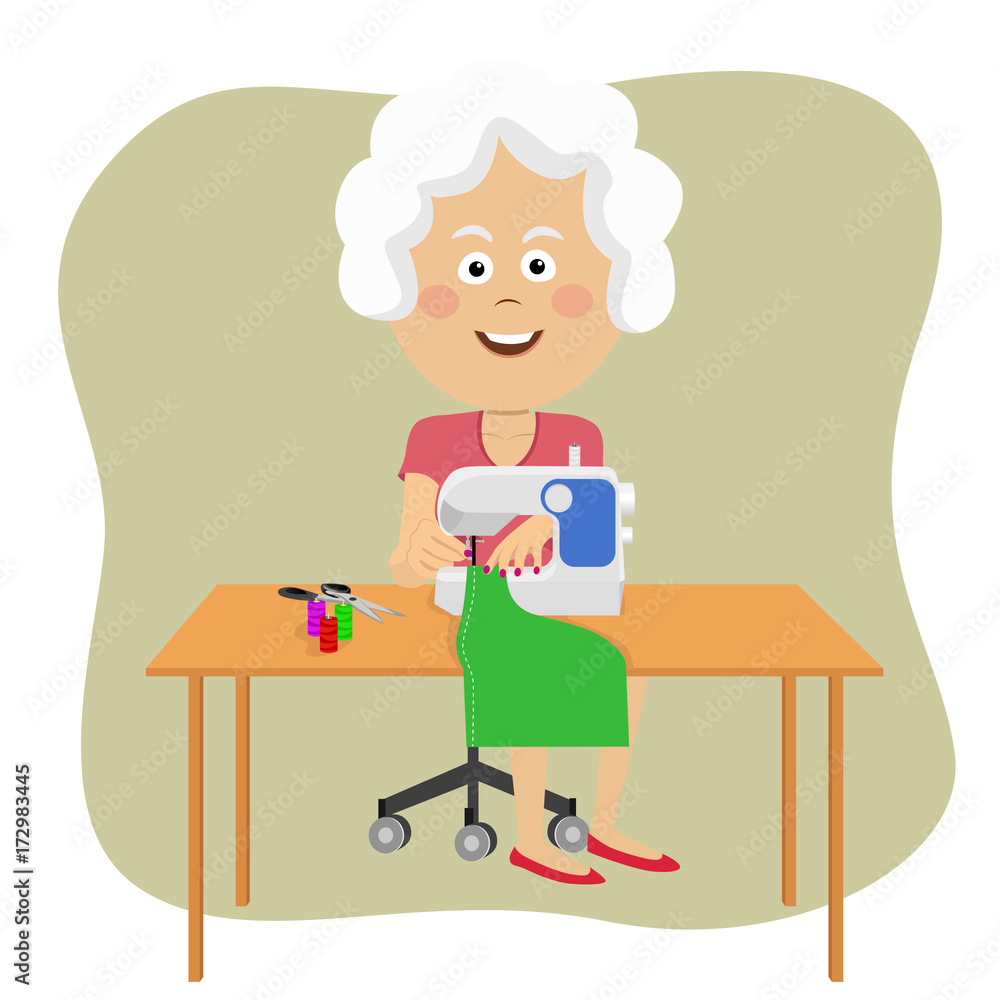 Senior woman stitching fabric using a sewing machine Senior woman stitching fabric using a sewing machine