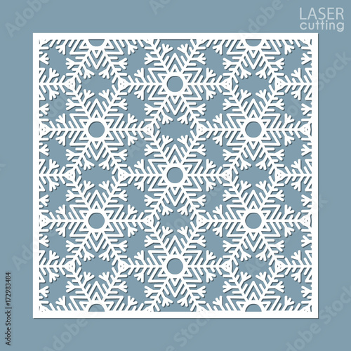 Laser cut square ornamental panel with snowflakes pattern. Template of Christmas invitation or New Year greeting card. Cabinet fretwork screen. Metal design, wood carving.