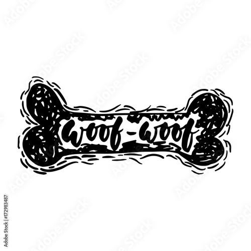 Woof-woof - Symbol of the year 2018 Dog hand drawn lettering quote isolated on the white background. Fun brush ink inscription for greeting card or t-shirt print.