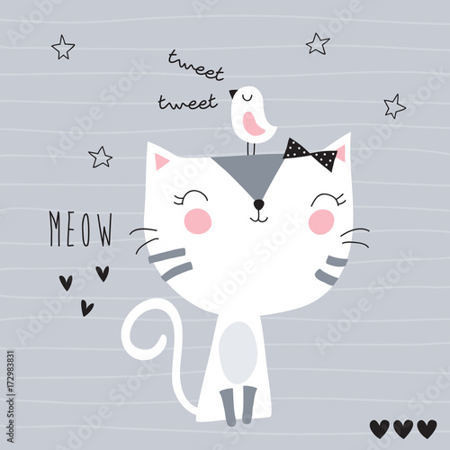 cute cat with bird vector illustration