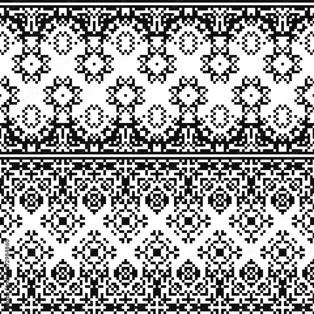 Ethnic geometric pattern. Black and white seamless background. Pixel boho ornament. Ethnic geometric pattern. Black and white seamless background. Pixel boho ornament.