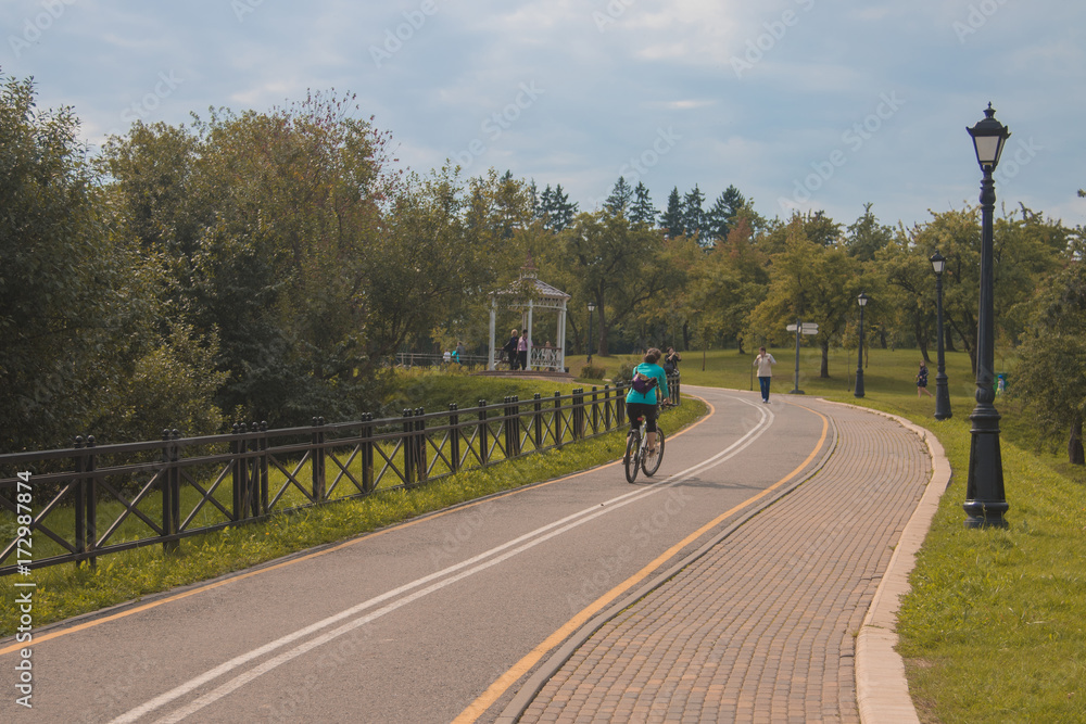 Naklejka premium City recreation park with benches, lanterns and bicycle path 