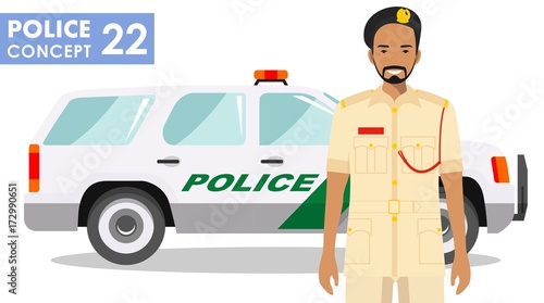 Policeman concept. Detailed illustration of arabian muslim police officer and car in flat style on white background. Vector illustration.
